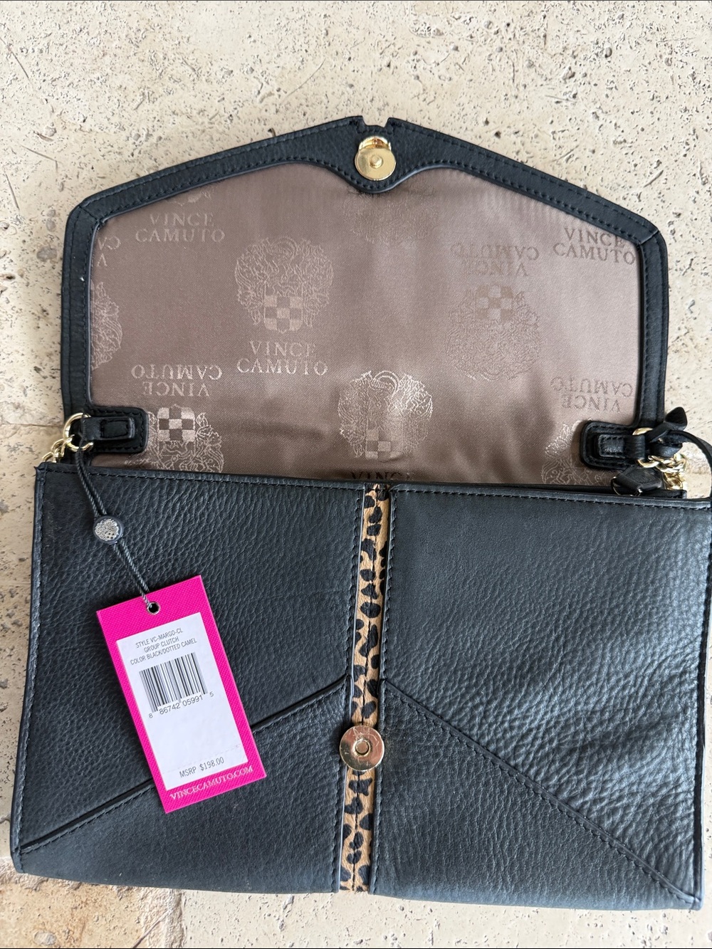 Vince Camuto Margo Leather Clutch Crossbody Black Leopard Accent NWT Style - Picture 5 of 6